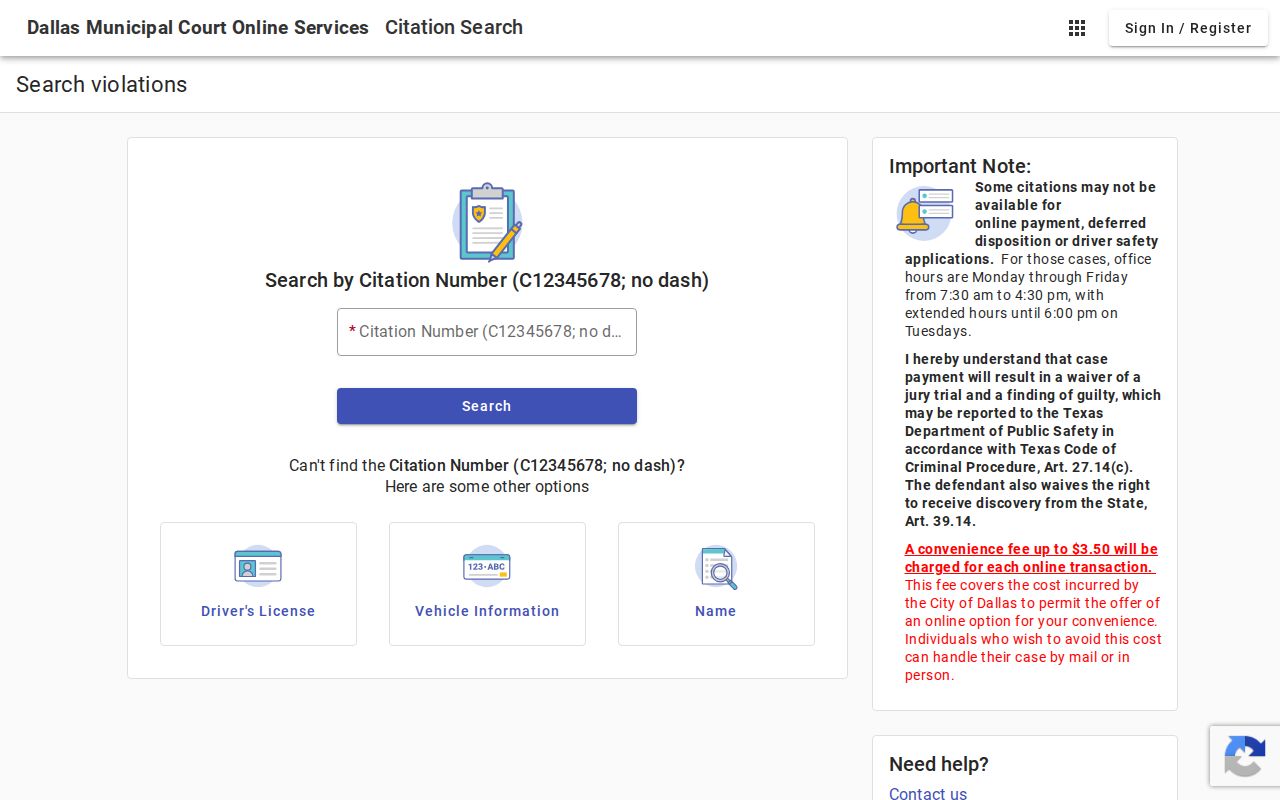 Dallas resident lookup through the Dallas Municipal Court search
