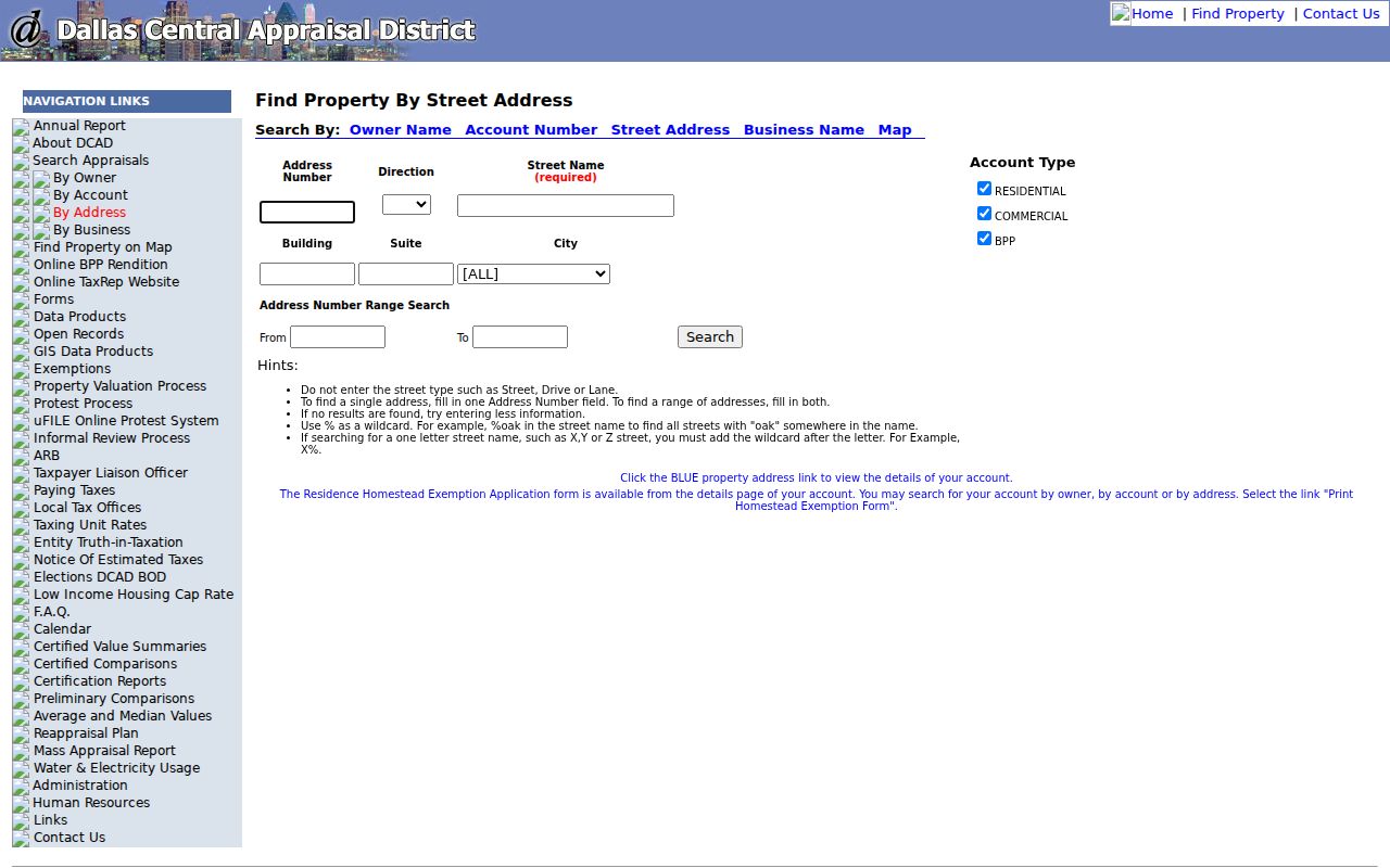 Dallas street directory DCAD address-search fields